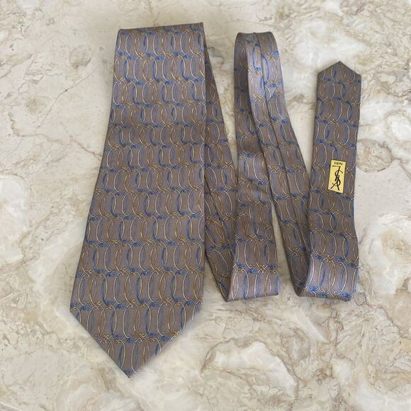 Yves Saint Laurent 100% Silk Grey Blue & Yellow Printed Tie - Picture 5 of 10